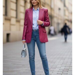 NWOT Metro Style SZ 16 Petite 2 Button Magenta Pink Leather Womens Blazer Jacket